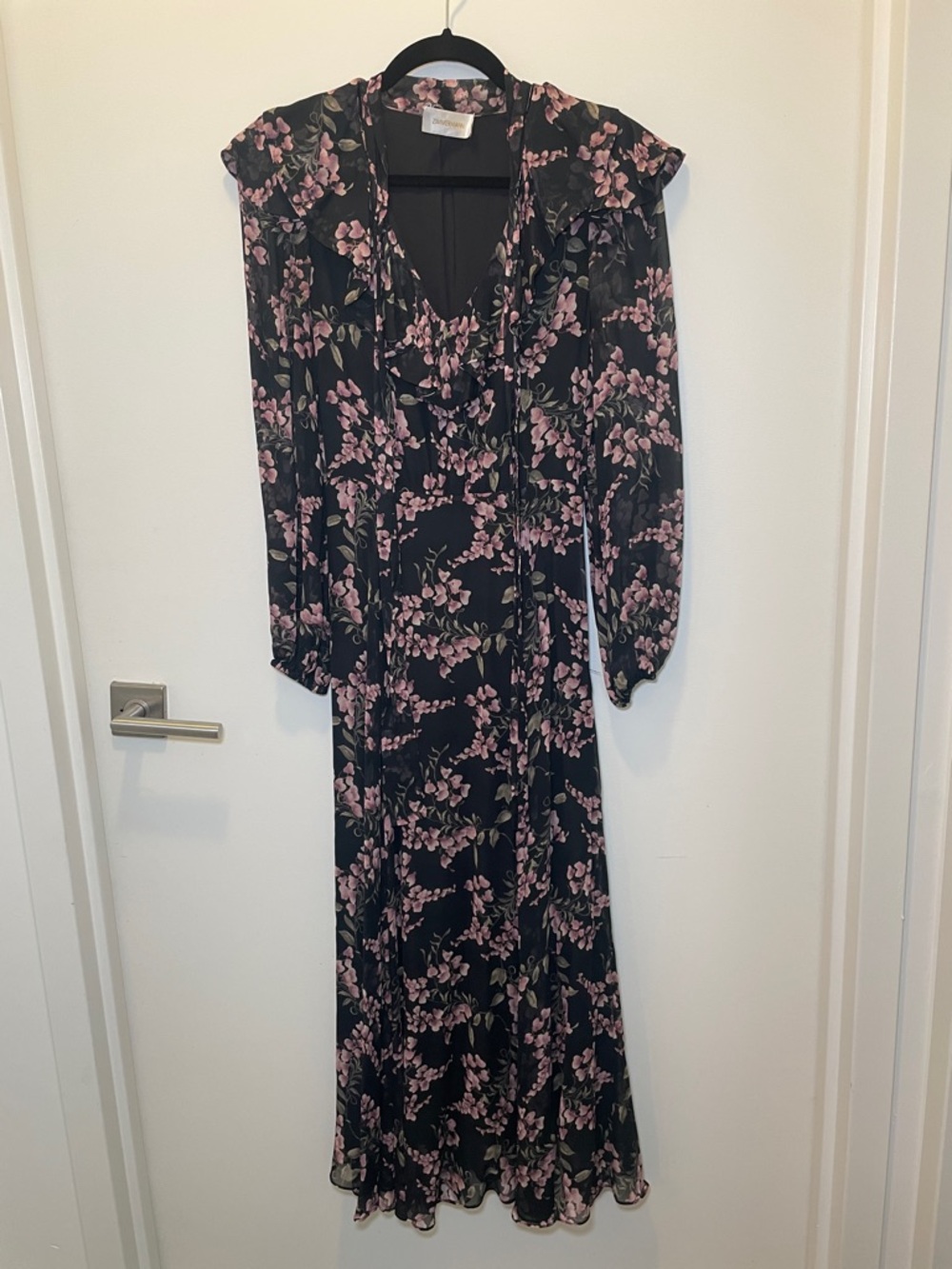 Zimmermann Floral Ruffle V-Neck Maxi Dress - Black with Pink Floral
